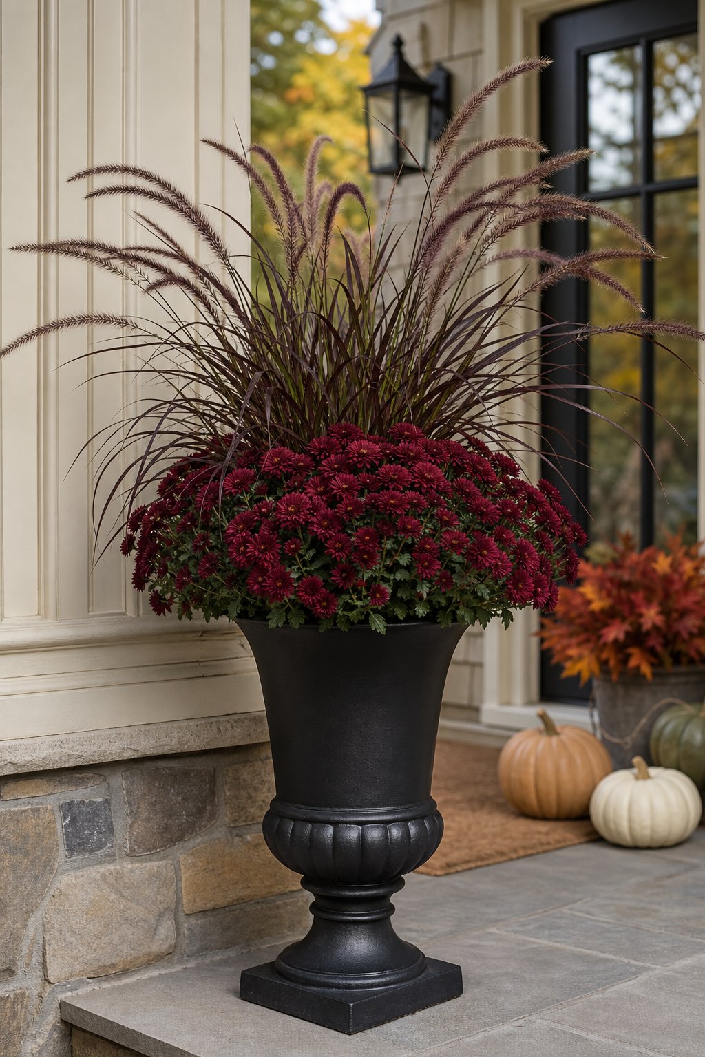 A tall black urn on a porch filled with purple fountain grass and burgundy chrysanthemums.