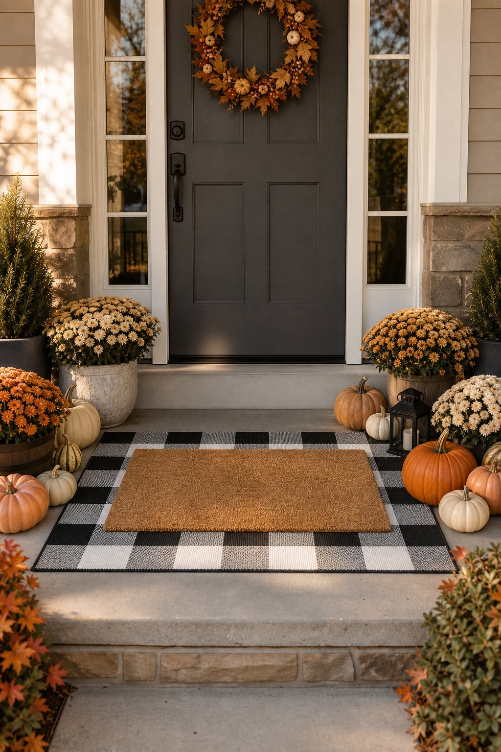 A fall-decorated front porch with a buffalo check rug layered beneath a welcome mat.