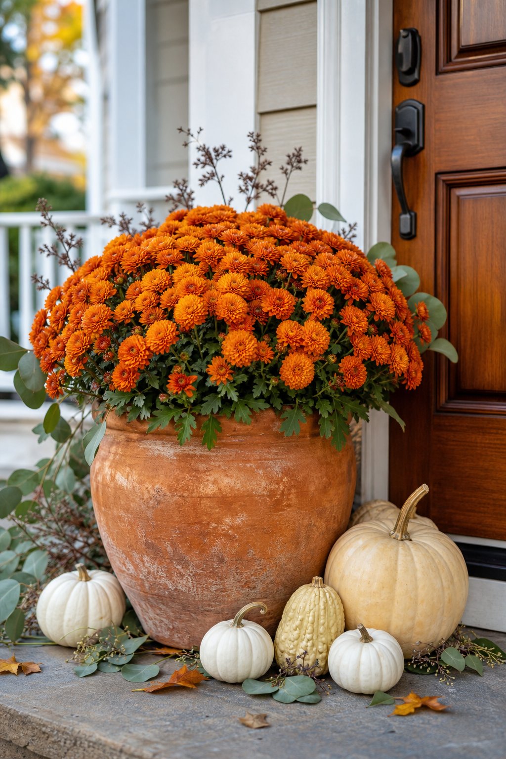 A terracotta pot filled with orange chrysanthemums sits beside white pumpkins on a fall porch.