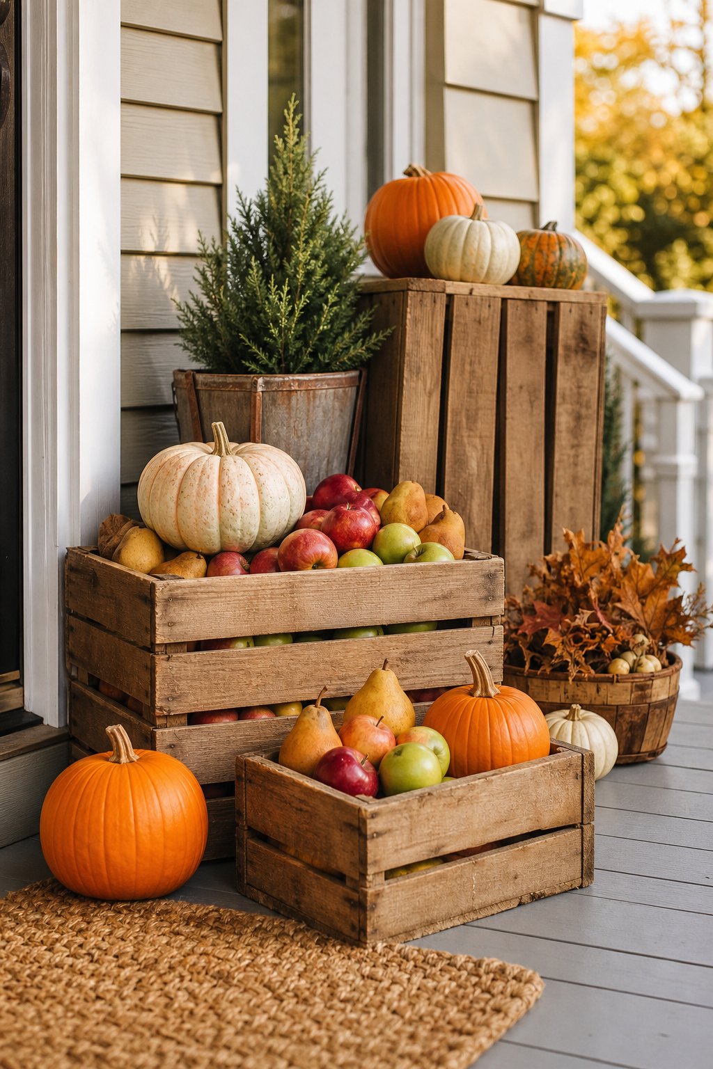 Wooden crates filled with pumpkins and apples sit on an autumn front porch.