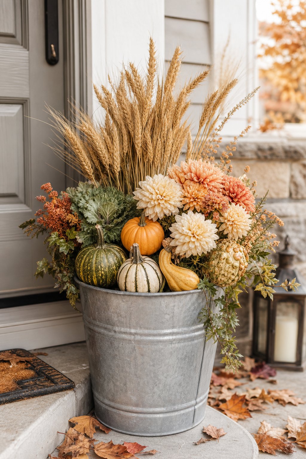 A galvanized bucket filled with wheat stalks, chrysanthemums, and decorative gourds sits on an autumn porch.