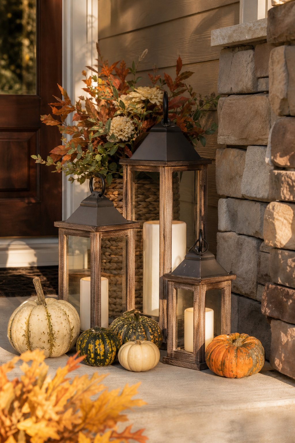 Autumn front porch with lanterns containing flameless candles beside small gourds and pumpkins.
