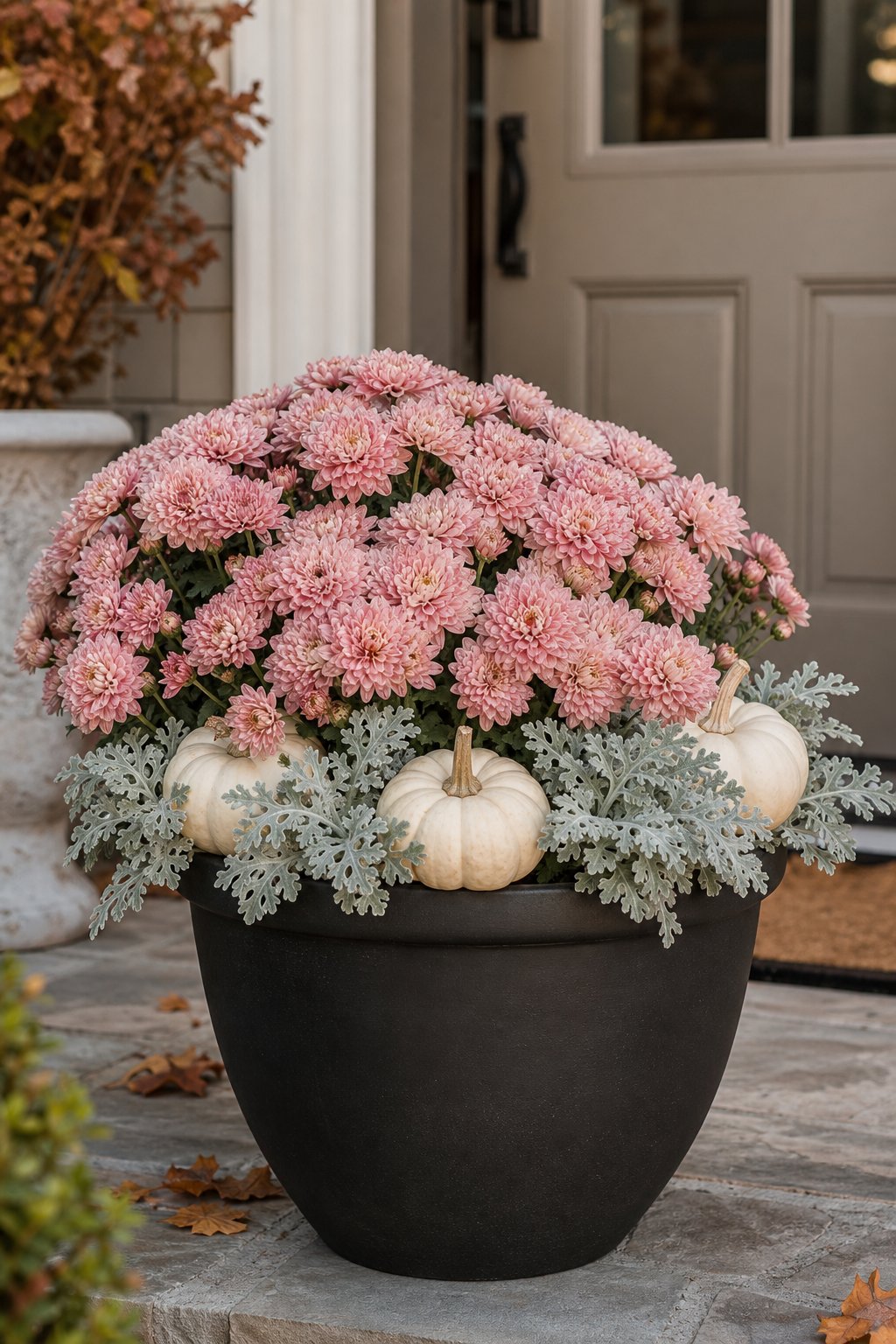 Matte black planter filled with pink chrysanthemums, silvery foliage, and pale pumpkins on a porch.