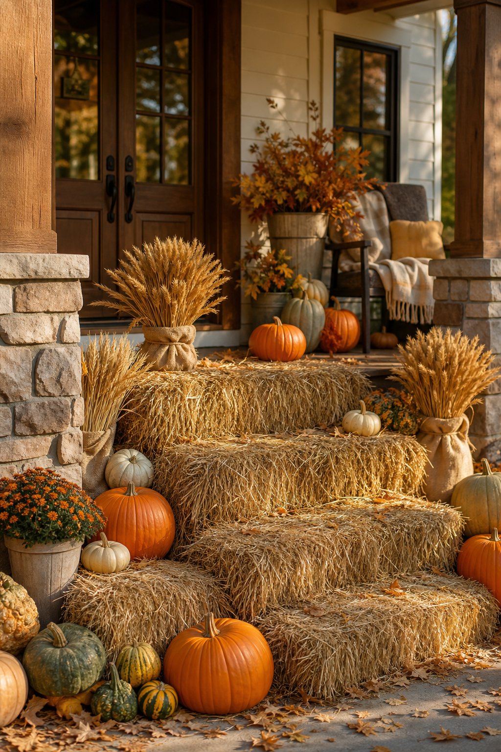 A fall porch with hay bale steps, pumpkins, and burlap-wrapped wheat bundles.