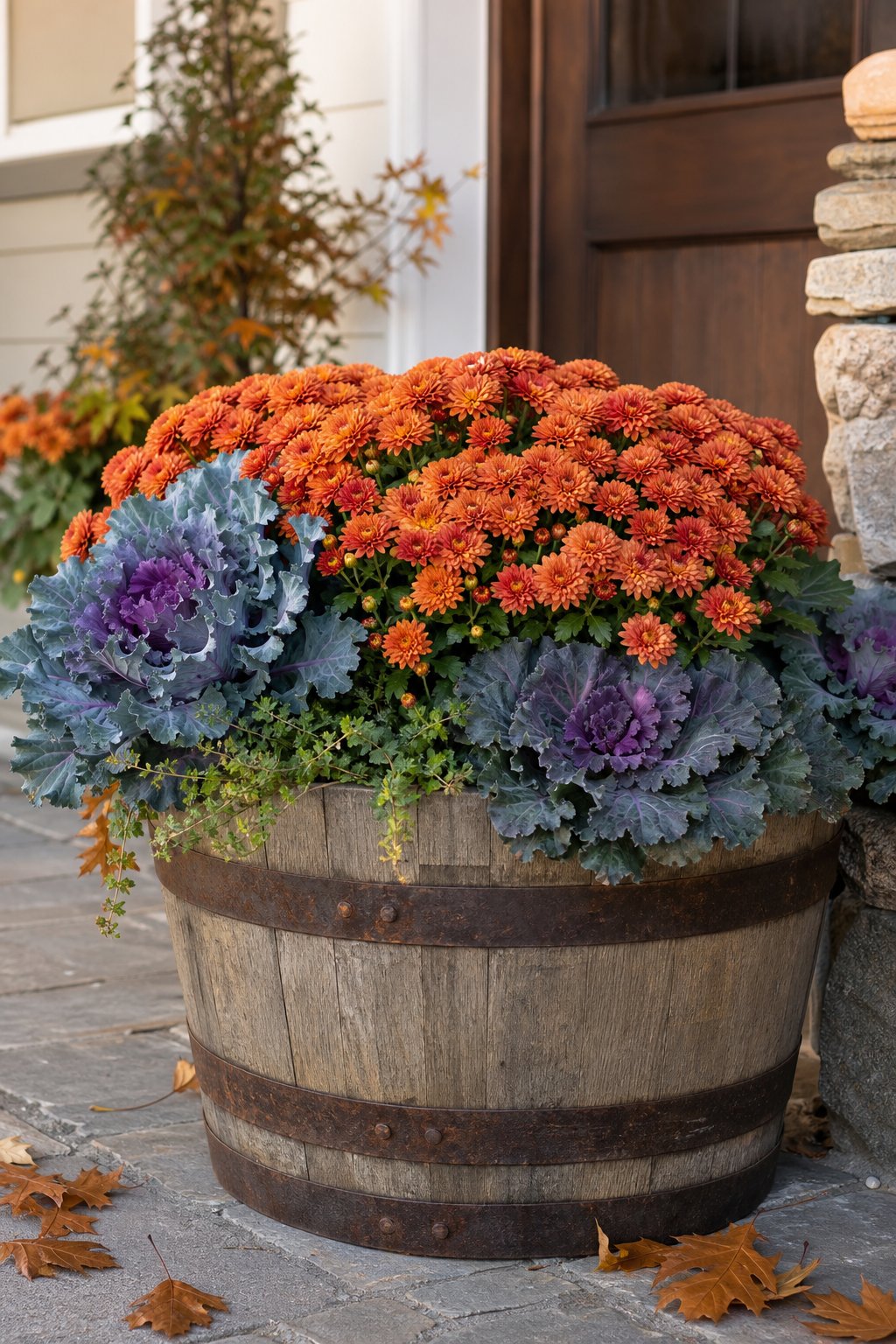 A wooden barrel planter filled with copper chrysanthemums and ornamental cabbage sits on an autumn porch.