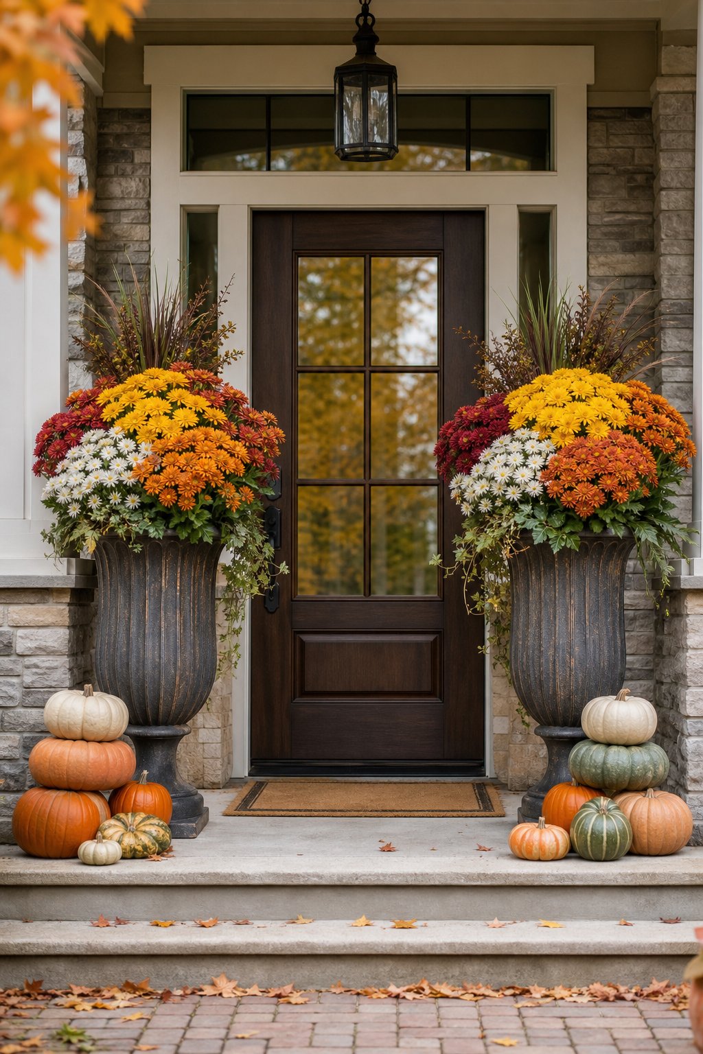 A front porch with two tall planters filled with chrysanthemums, flanked by stacks of pumpkins and gourds.