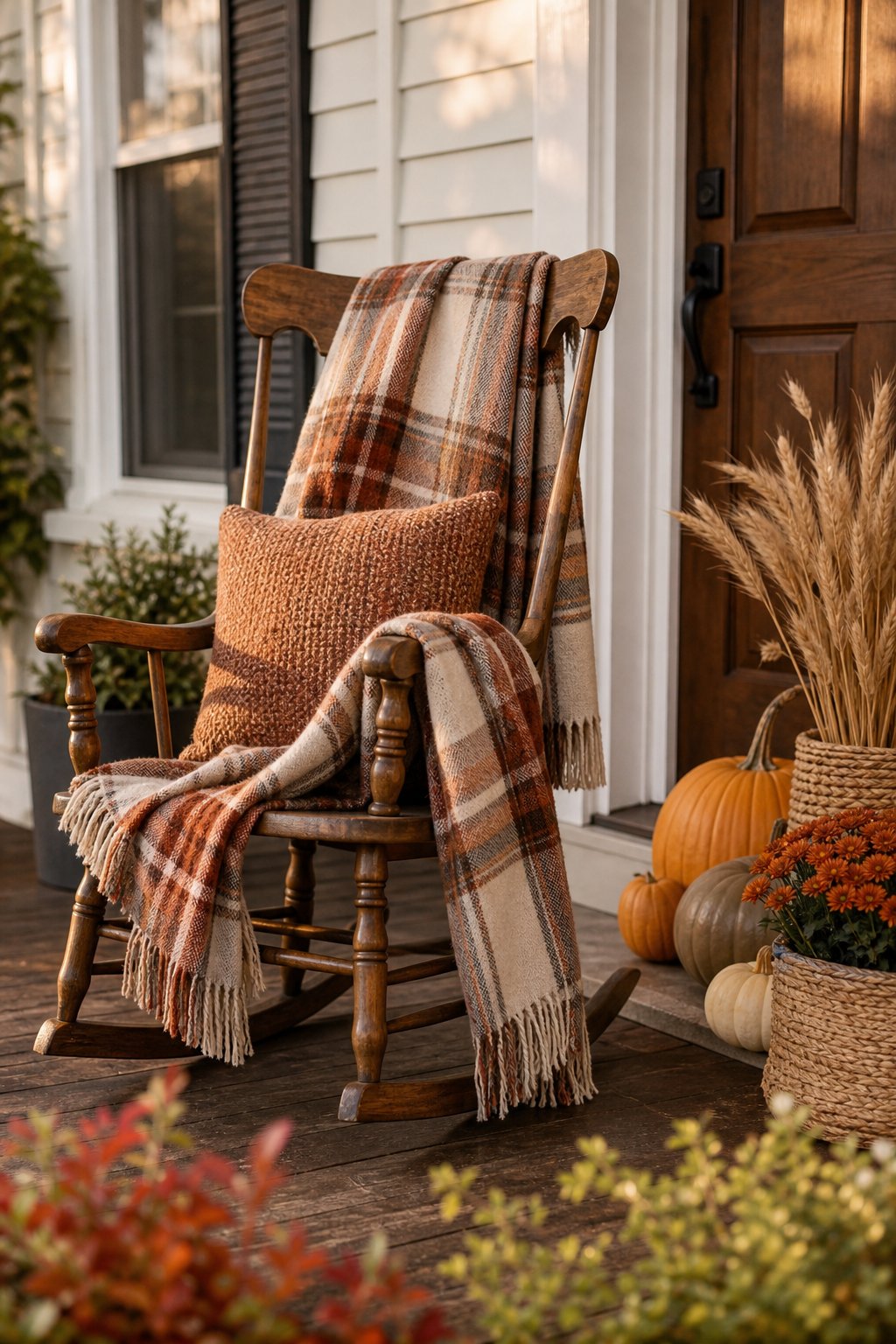 A rocking chair with a plaid blanket and autumn pillow sits on a decorated front porch.