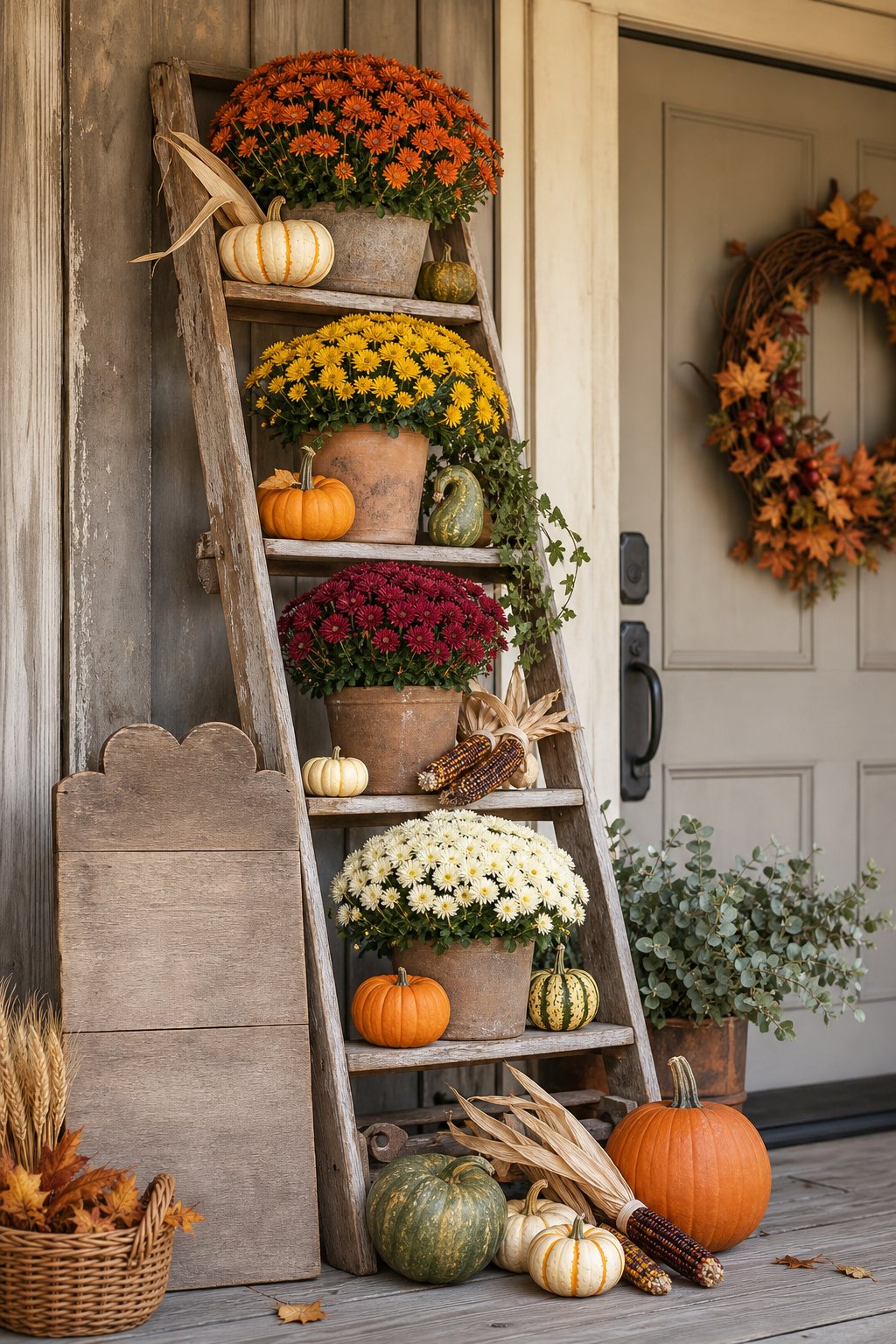 A vintage wooden ladder displays colorful potted chrysanthemums beside pumpkins and rustic autumn decorations on a front porch.