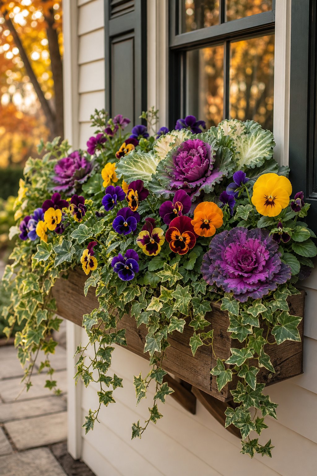A window box filled with colorful fall pansies, ornamental cabbage, and trailing ivy on a porch.