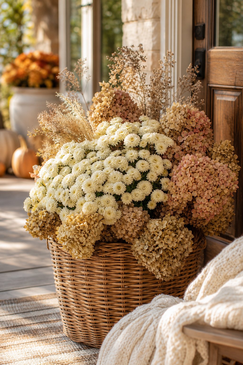 A wicker basket planter filled with white mums and dried hydrangeas sits on a fall porch.