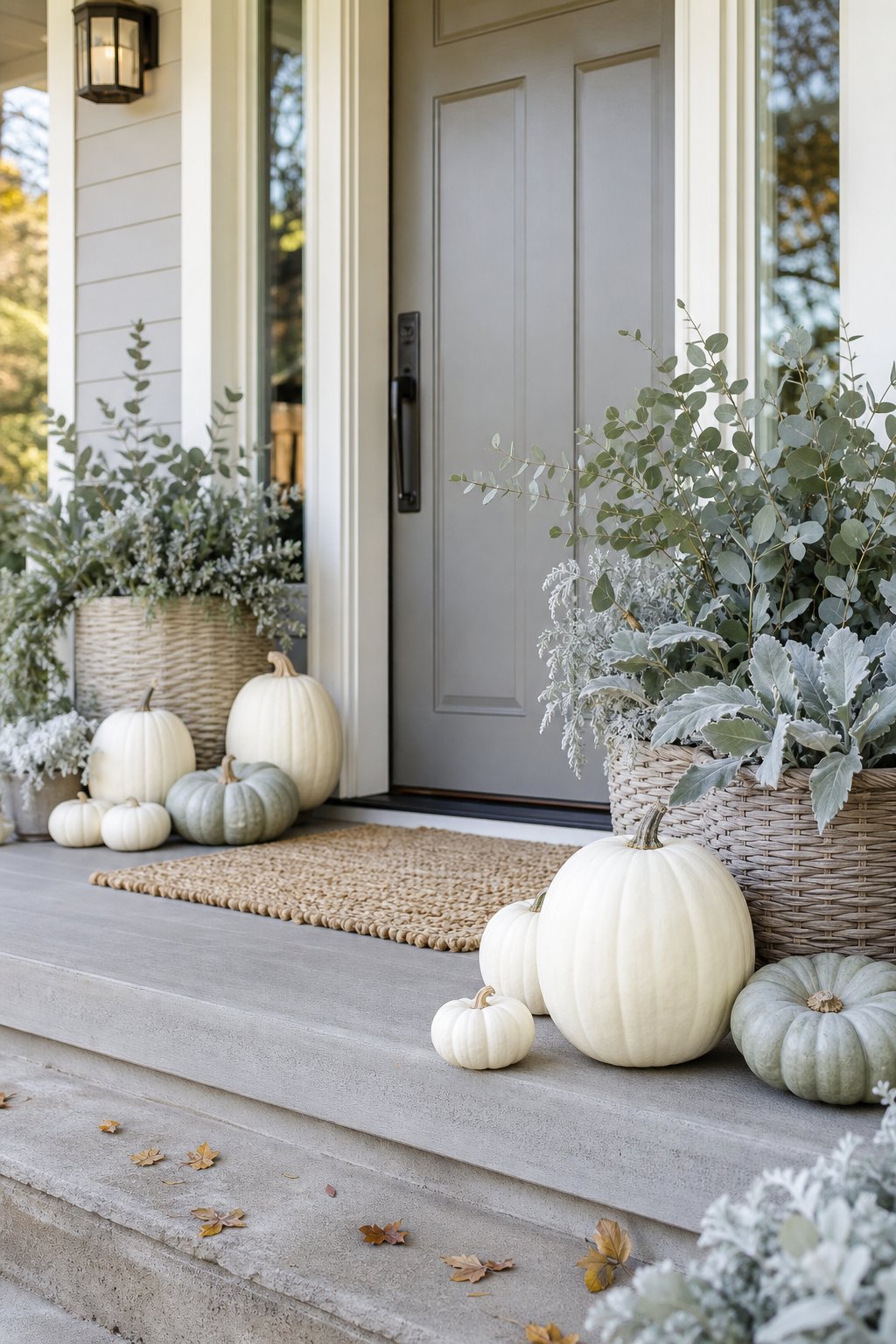 A front porch decorated with white pumpkins and silvery foliage beside a neutral front door.