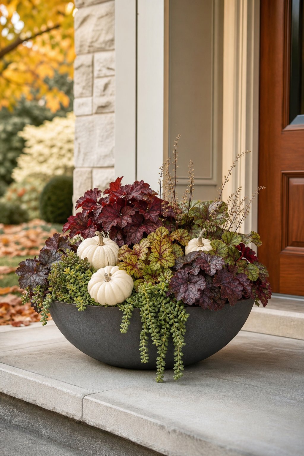 A concrete bowl planter filled with heuchera, trailing sedum, and small white pumpkins on a fall porch.