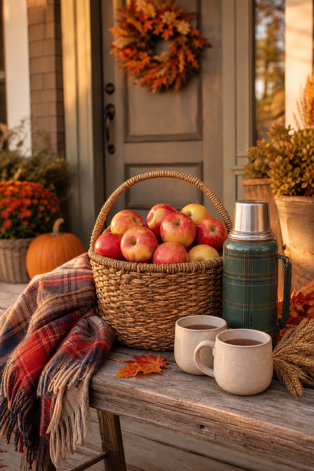A basket of apples, a vintage thermos, and two mugs arranged with autumn decorations on a front porch.