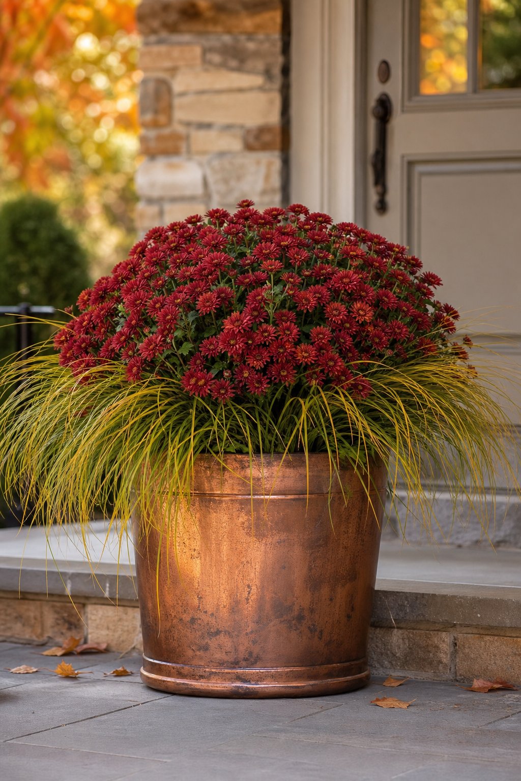 A copper planter filled with red chrysanthemums and golden ornamental grass sits on an autumn porch.