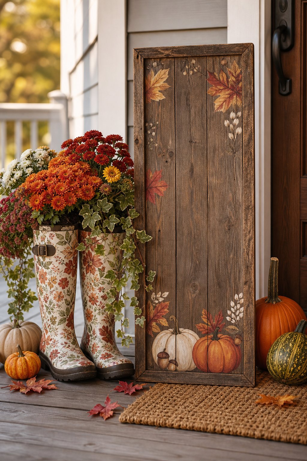A rustic wooden fall sign stands beside rain boots filled with flowers on an autumn front porch.