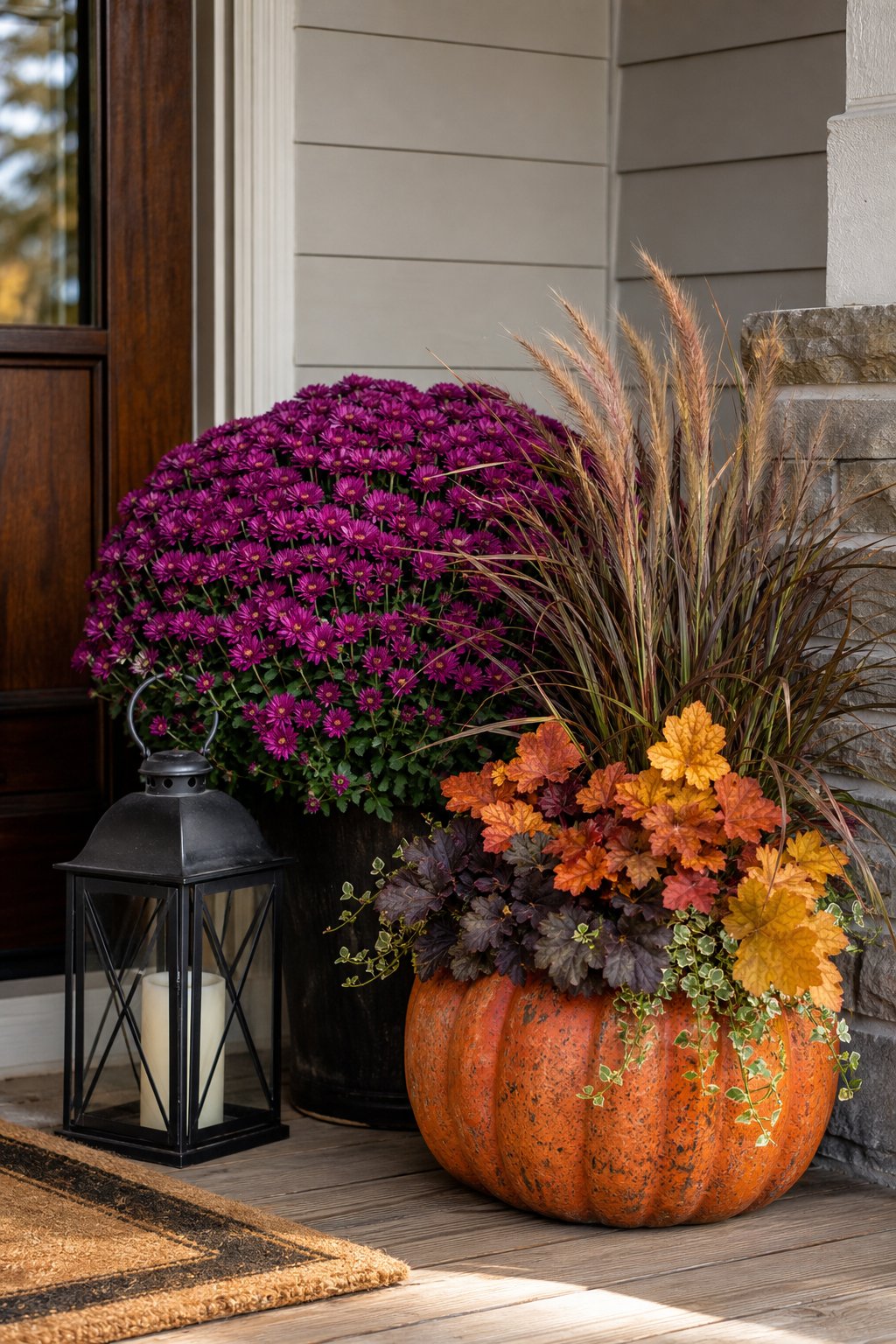 A black lantern, purple chrysanthemums, and a pumpkin planter arranged on an autumn porch.