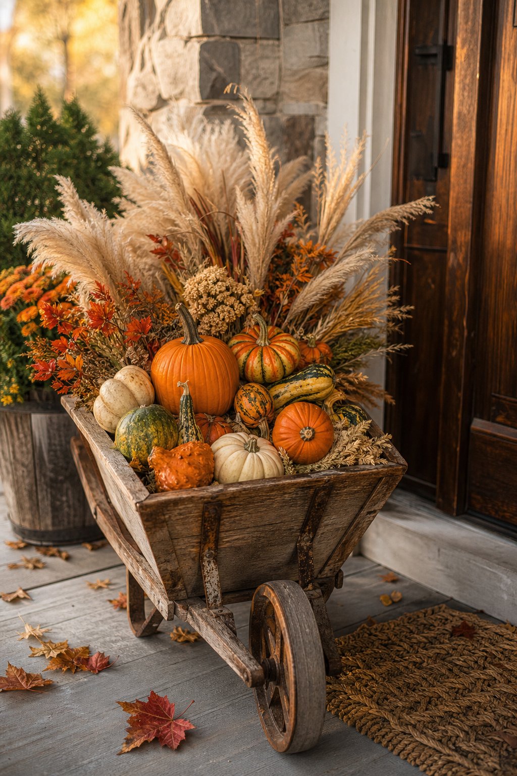 A mini wheelbarrow filled with gourds, pumpkins, and dried grasses sits on a decorated fall front porch.