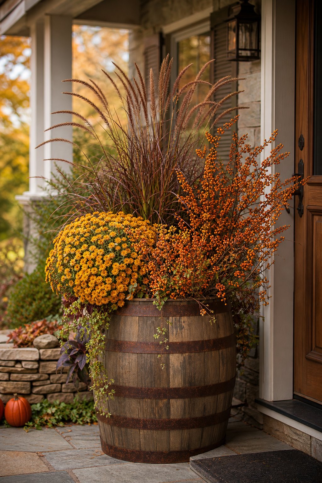 A whiskey barrel planter filled with golden chrysanthemums, millet grass, and orange bittersweet branches on an autumn porch.