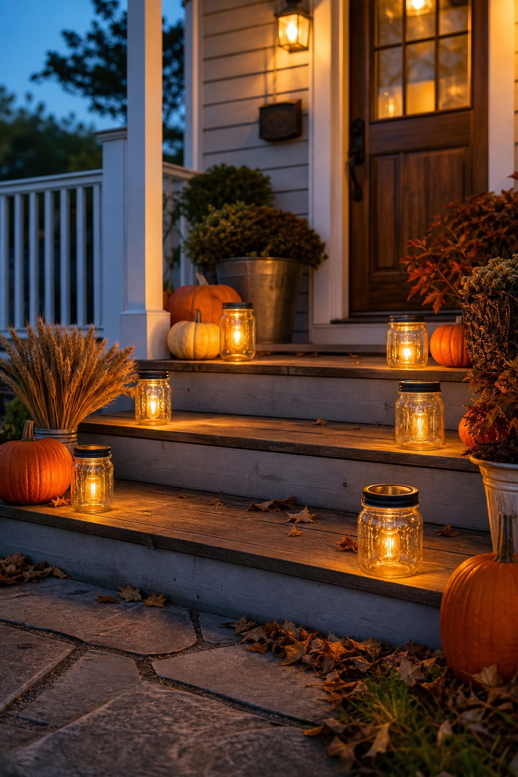 Mason jar solar lights glow along autumn-decorated front porch steps.