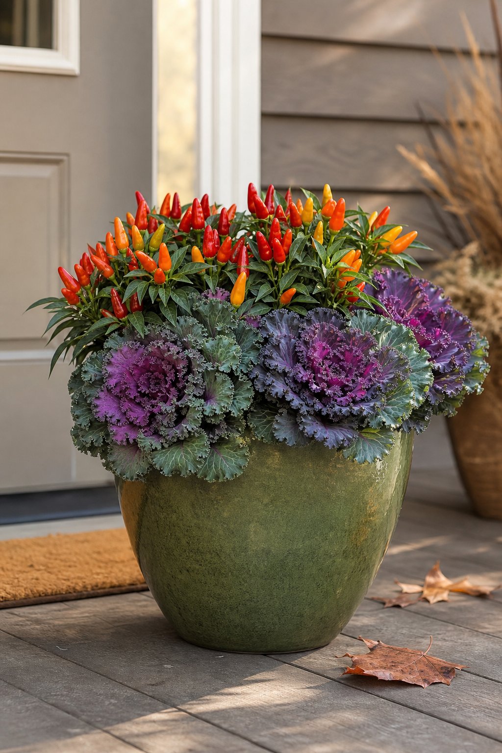 An olive-green ceramic pot filled with colorful ornamental peppers and purple-blue ornamental kale on a porch.