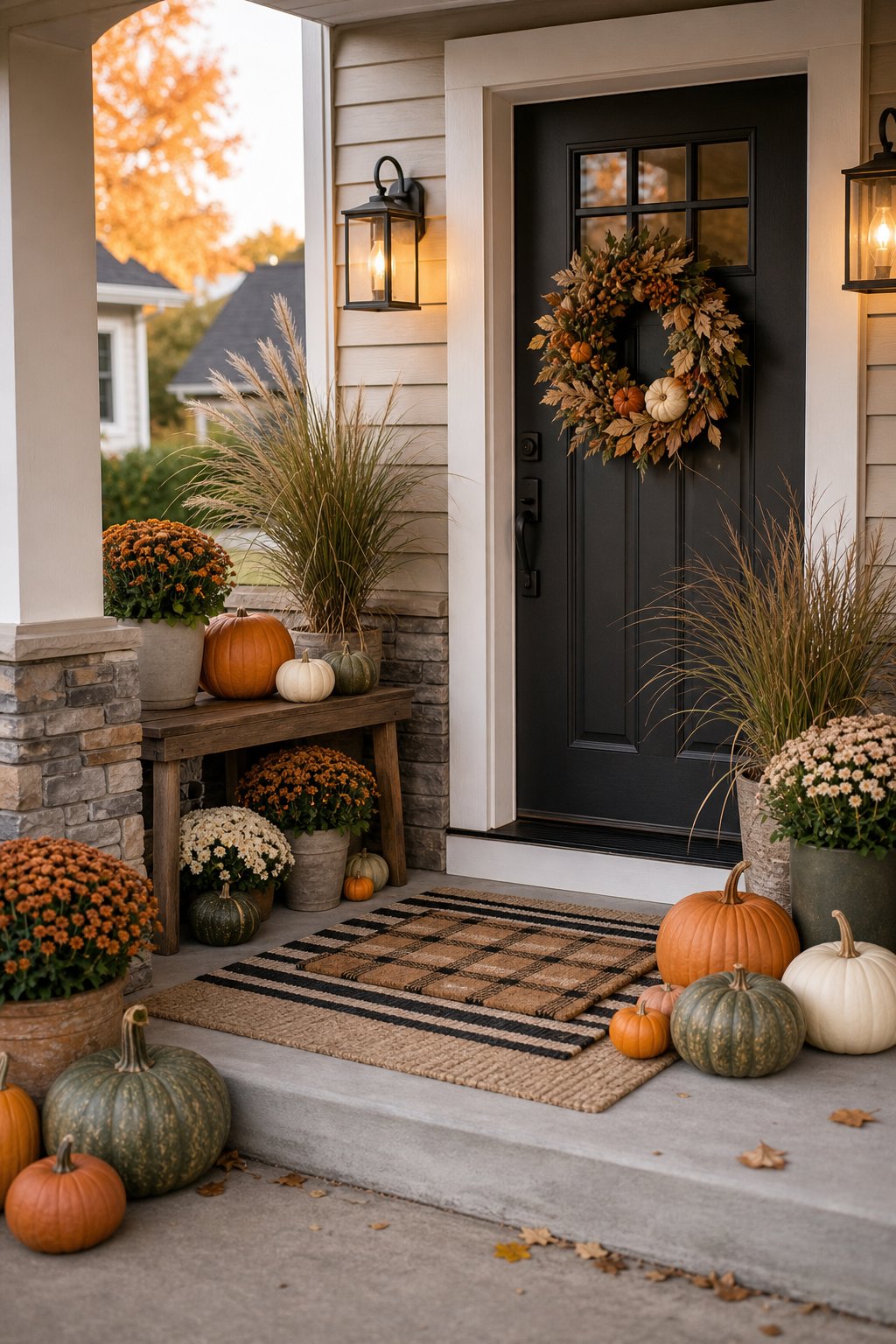 A welcoming front porch decorated with pumpkins, flowers, a wreath, and layered mats for fall.