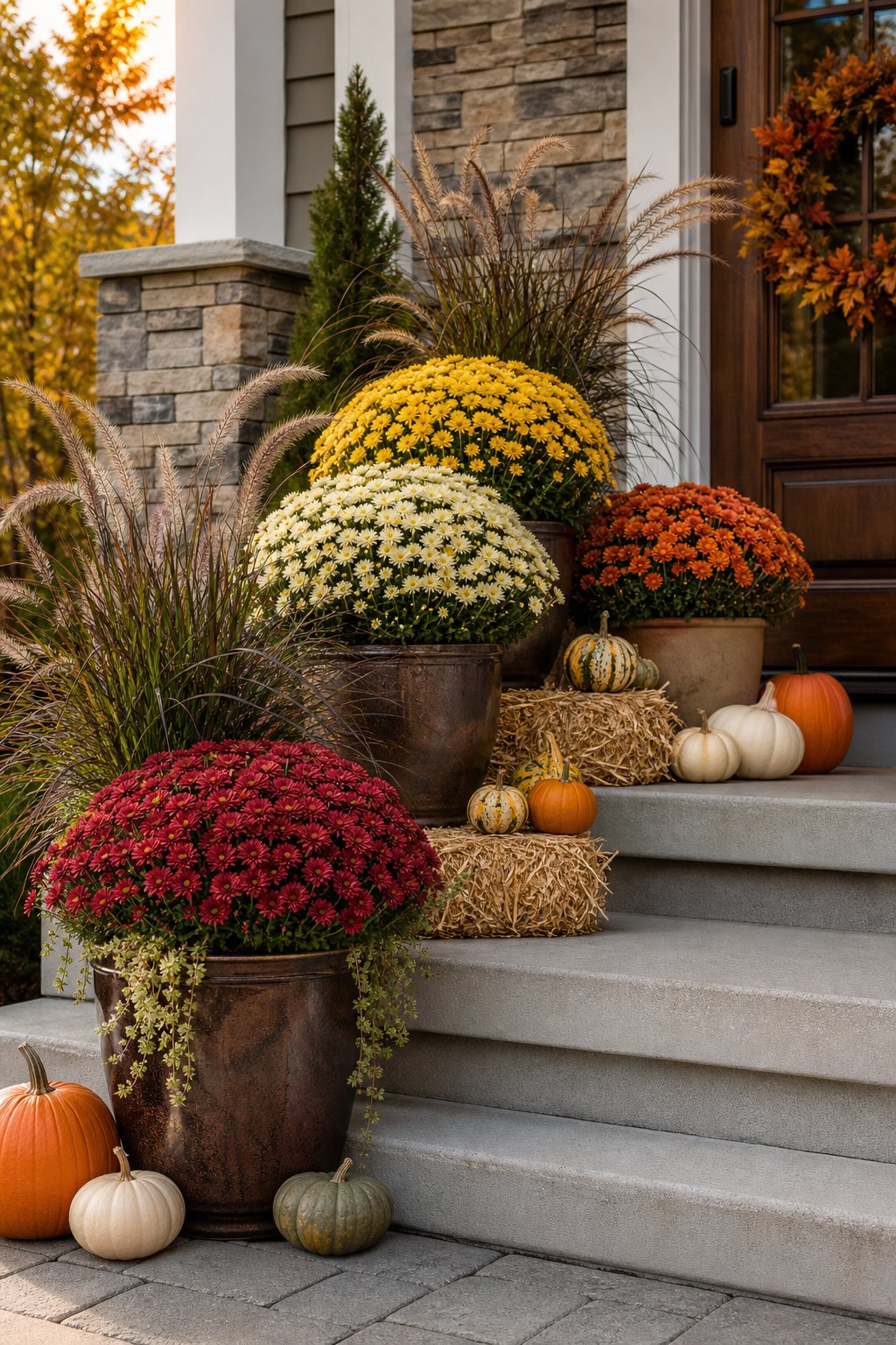 Tiered front steps decorated with potted chrysanthemums, gourds, pumpkins, and hay bales.