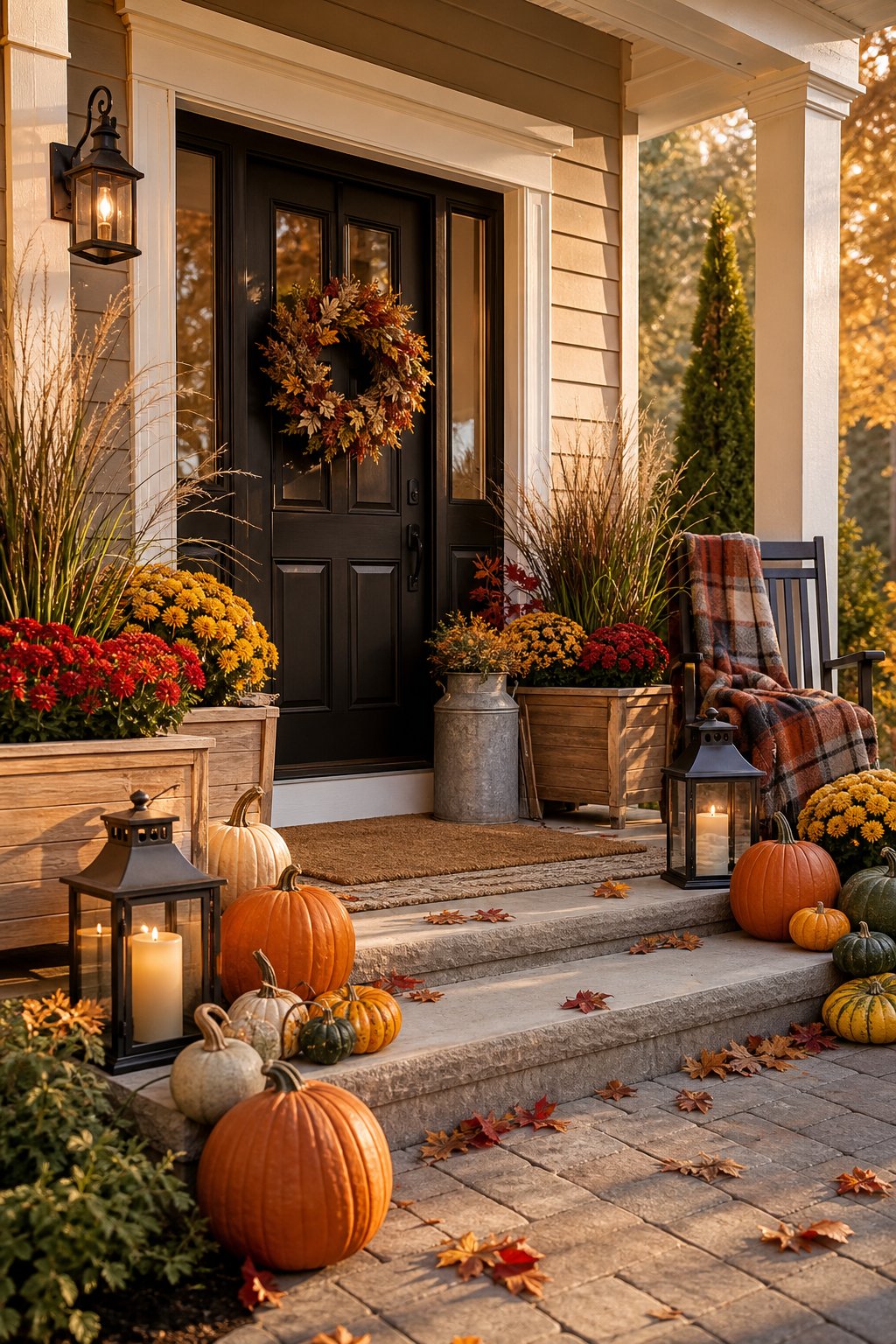 A welcoming front porch decorated with pumpkins, flowers, lanterns, and a seasonal wreath.