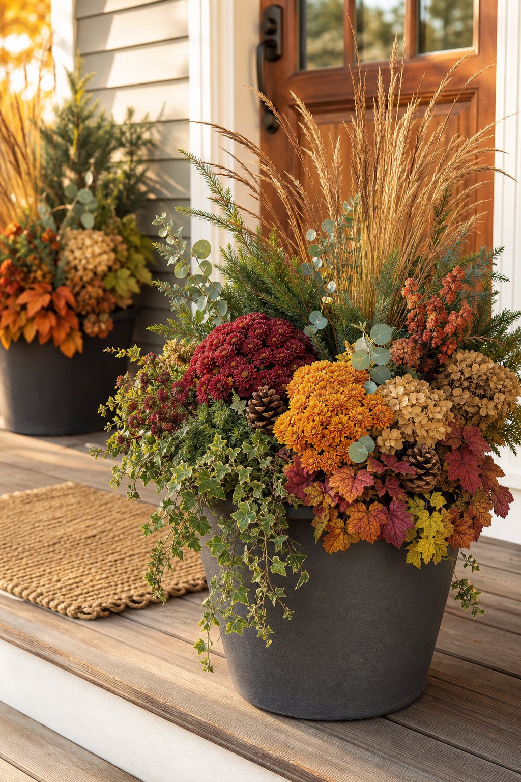 A fall planter filled with colorful flowers, grasses, evergreen branches, and pinecones sits beside a front door.