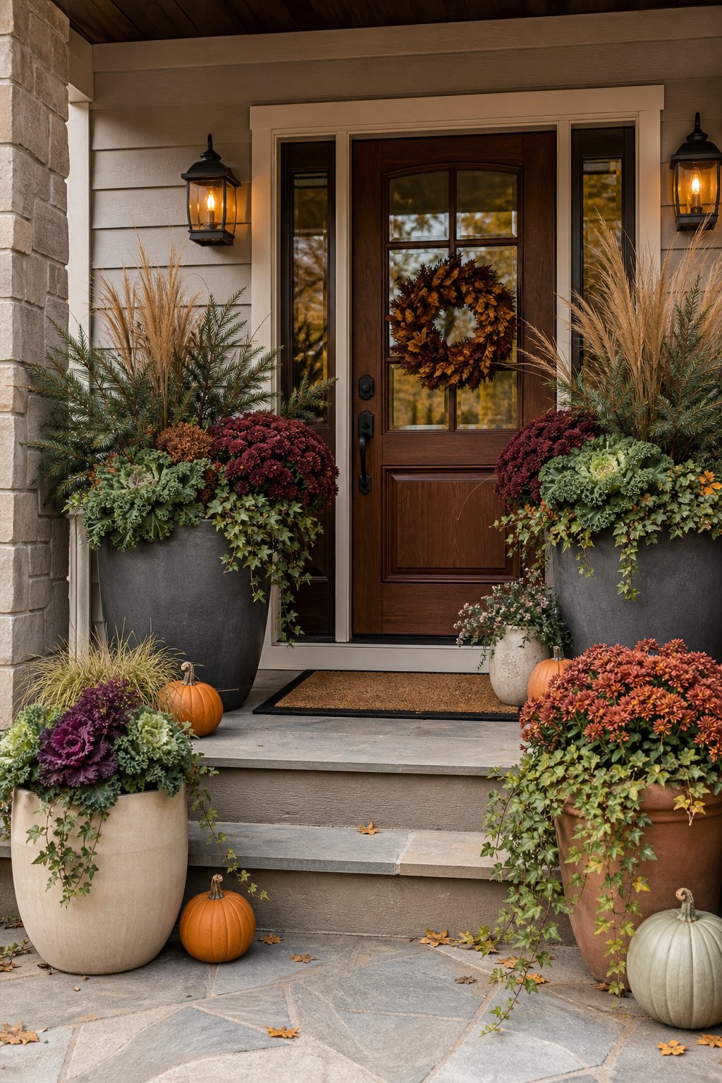 Autumn porch with coordinated decorative pots and seasonal plants arranged around a front doorway.