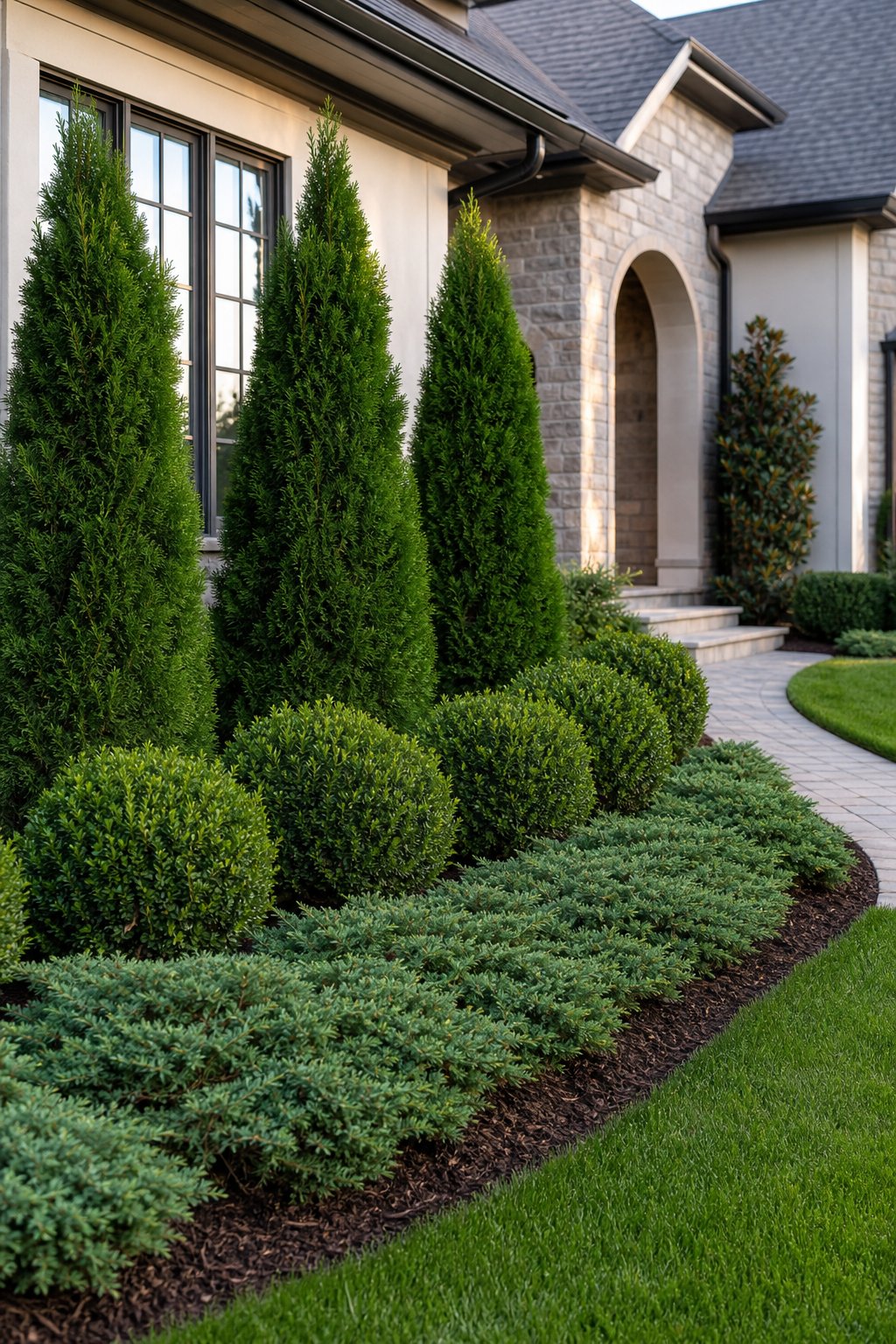 Layered evergreen garden beds with creeping juniper, boxwood, and arborvitae in a suburban front yard.
