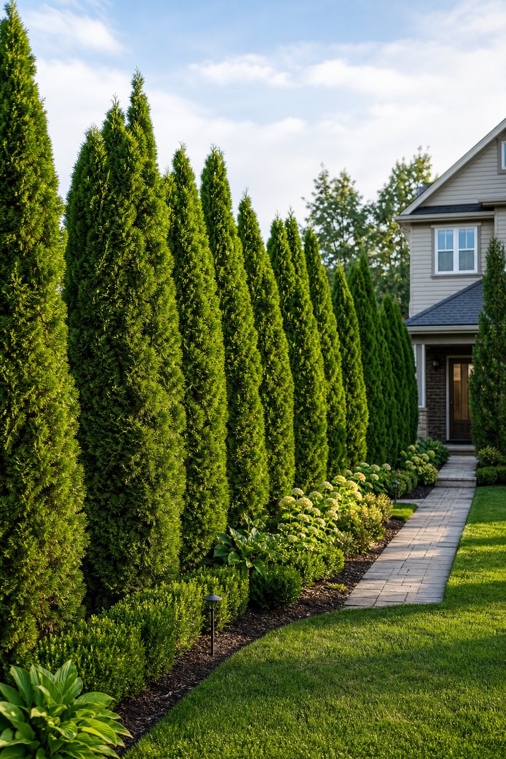 A landscaped front yard with a row of tall emerald green arborvitae trees forming a privacy screen along the property line.