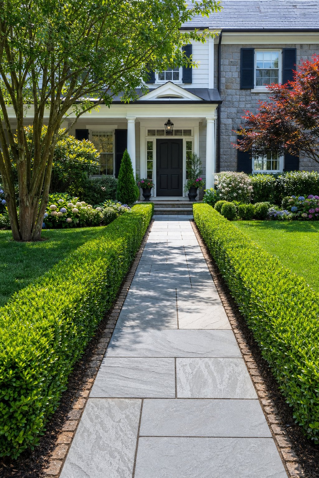 A front walkway bordered by neatly trimmed evergreen boxwood shrubs.
