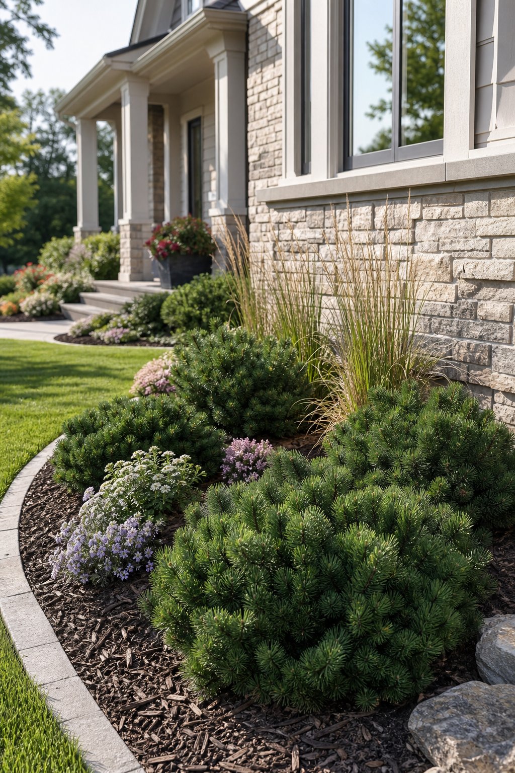 A landscaped front yard with compact evergreen Mugo pine shrubs planted along the foundation of a home.