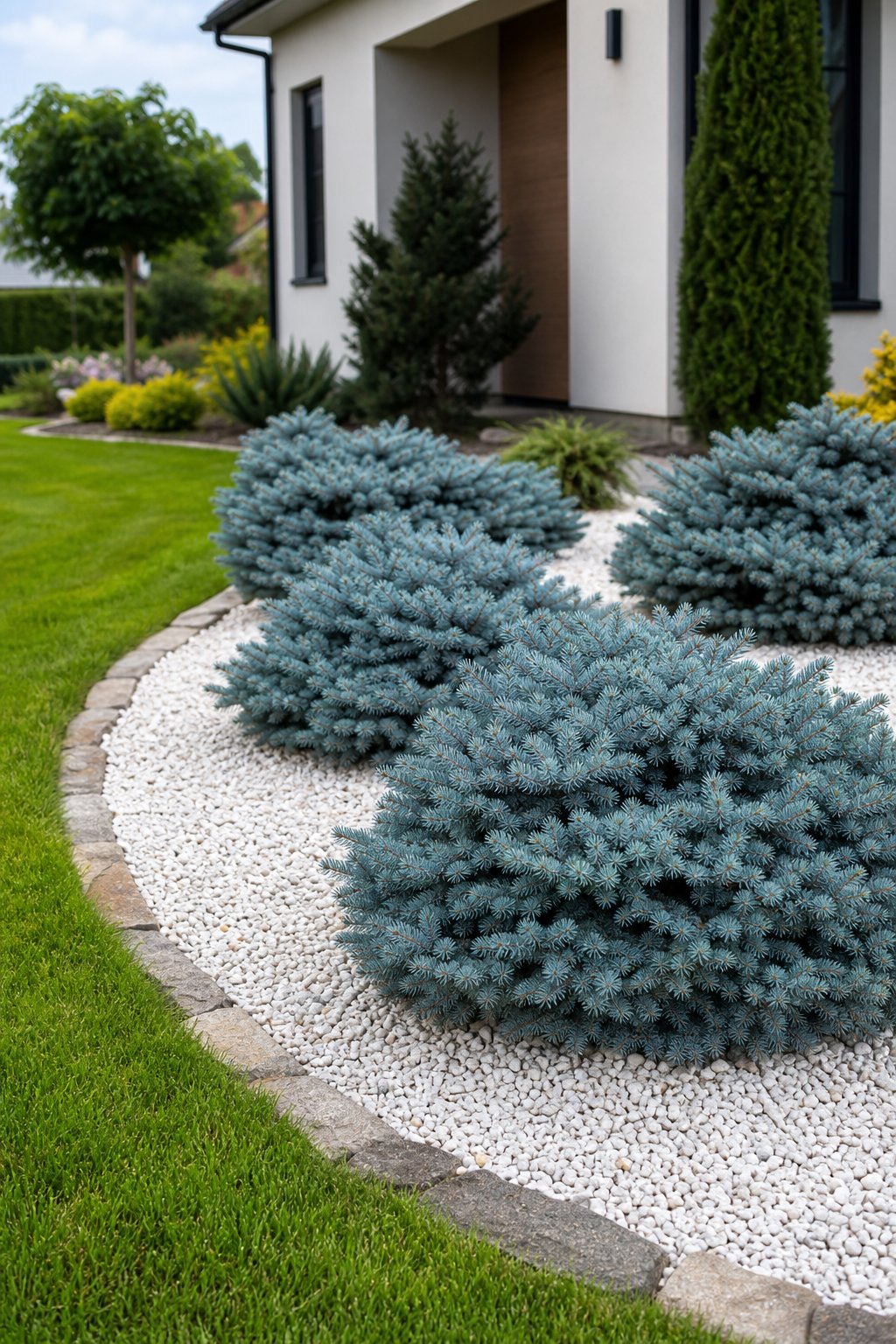 Blue Star juniper shrubs planted in a curved white gravel island bed beside a neatly maintained front lawn.