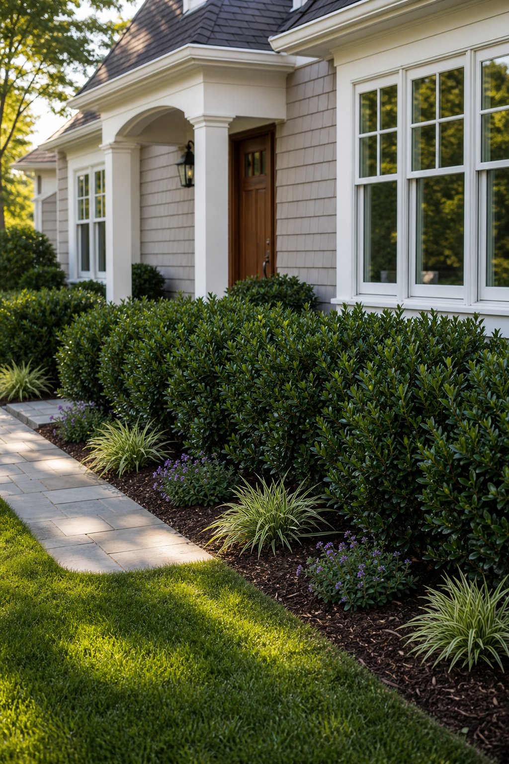 A suburban front yard with a neatly trimmed evergreen holly hedge surrounding the foundation.