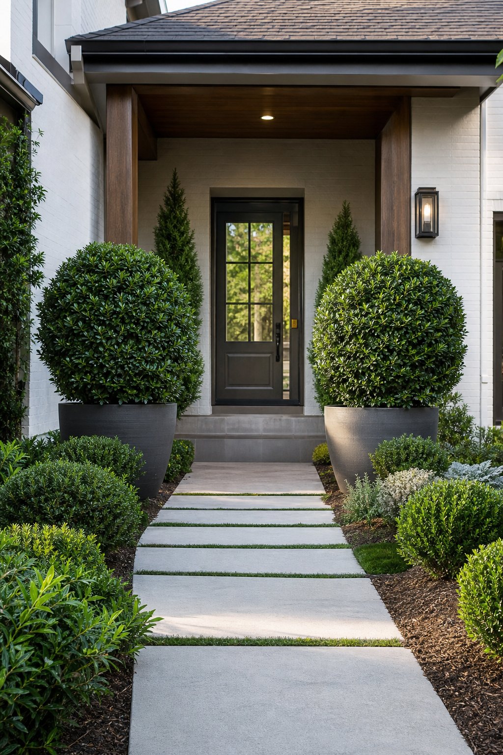 A landscaped home entryway framed by symmetrical Japanese holly topiaries.