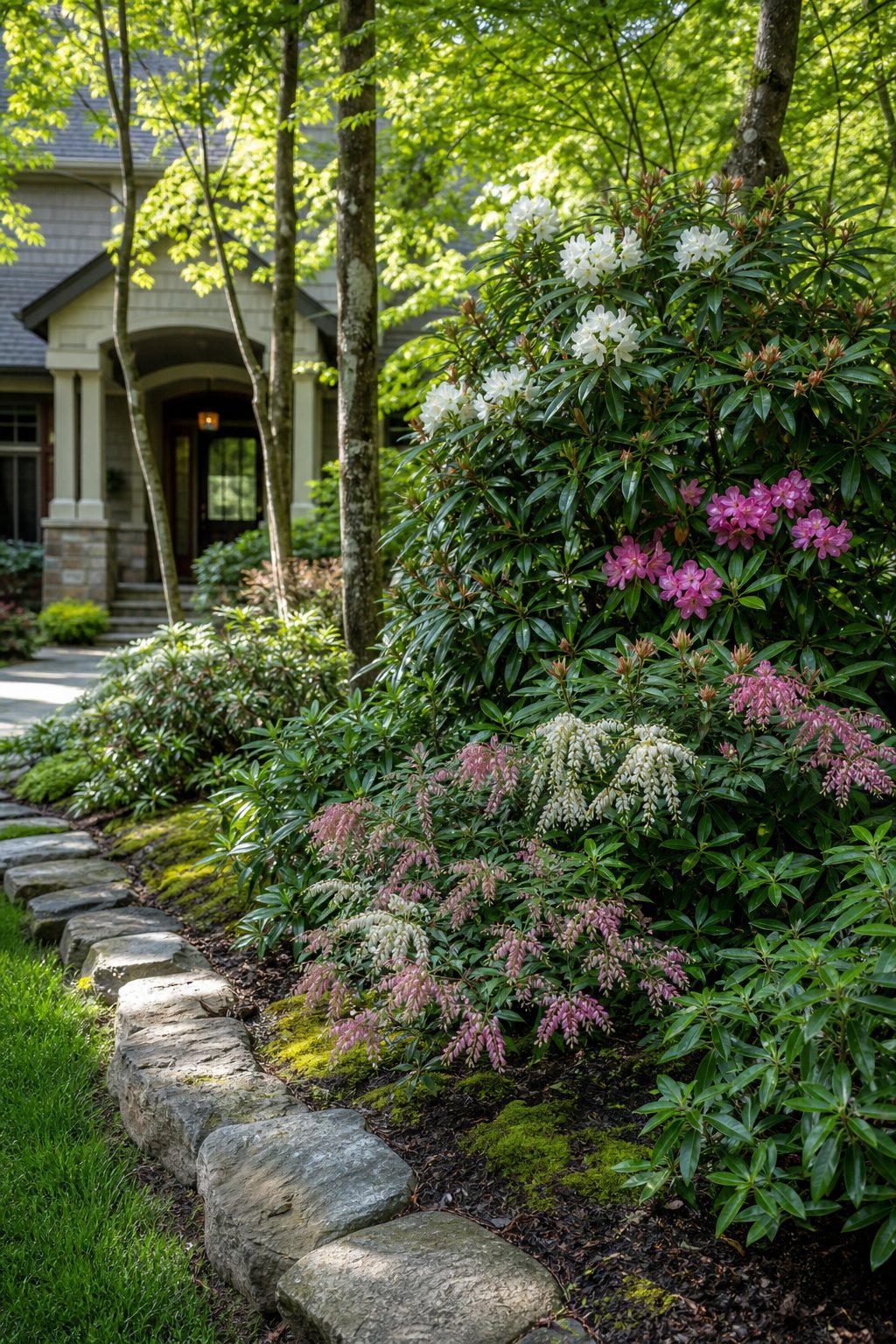 A lush front-yard garden corner with evergreen rhododendrons and pieris beneath trees.