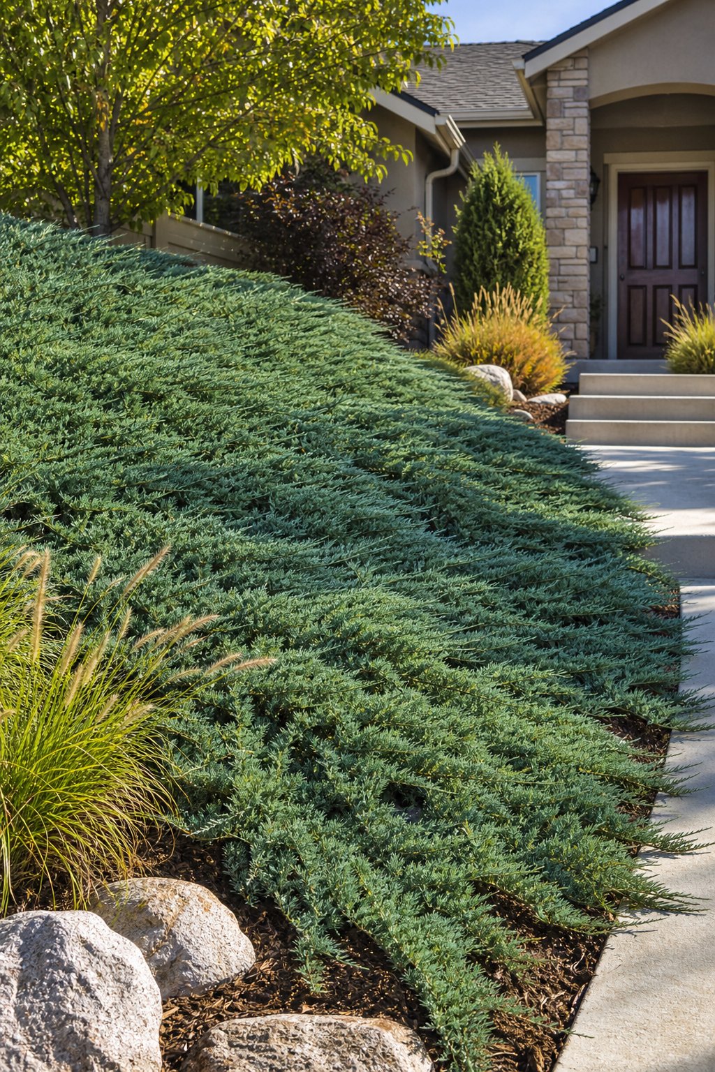 Creeping juniper groundcover covers a sunny slope in a landscaped residential front yard.