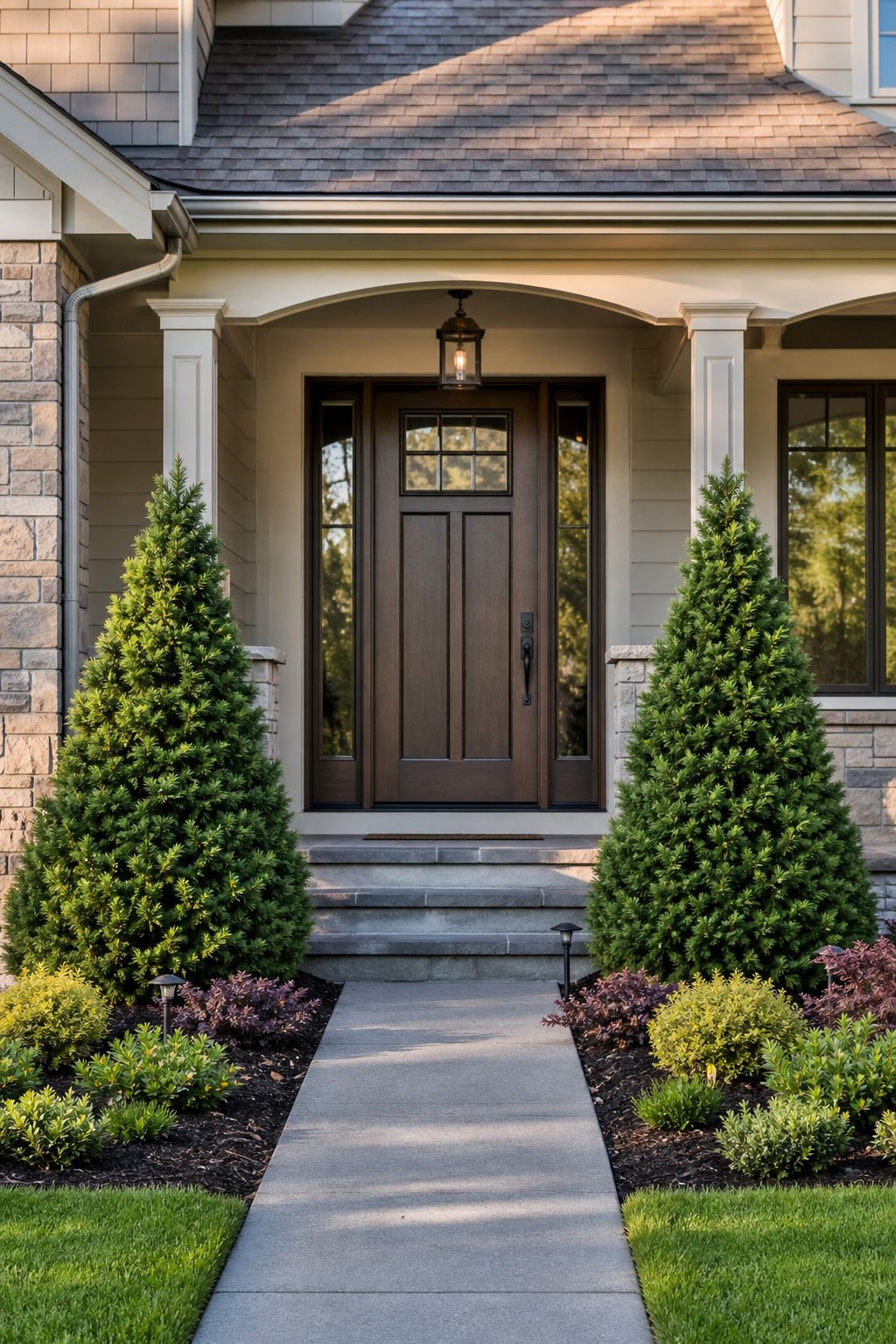 Two Dwarf Alberta Spruce trees flank the front door of a landscaped home.