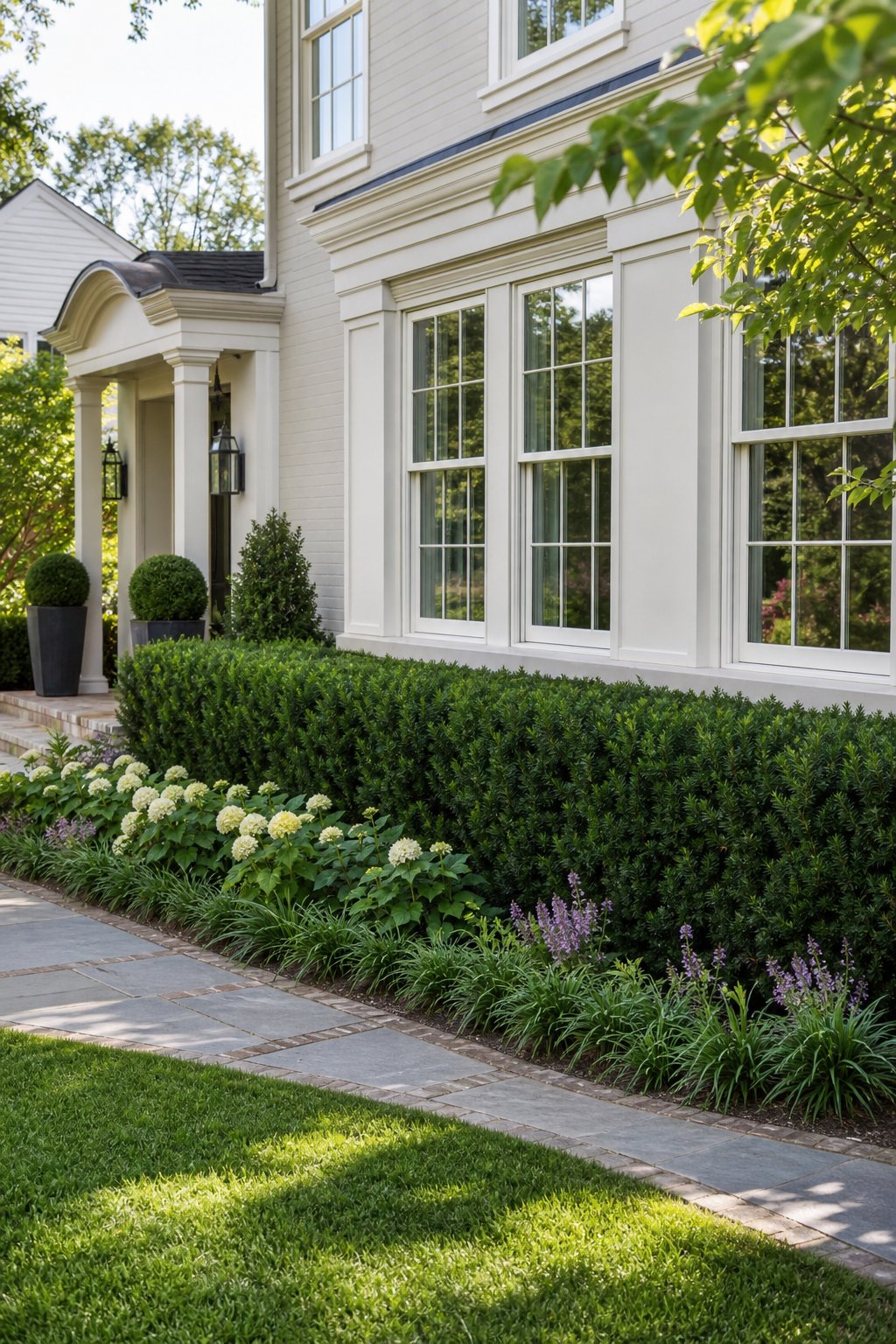 A neatly trimmed evergreen yew hedge planted beneath the front windows of a well-maintained home.