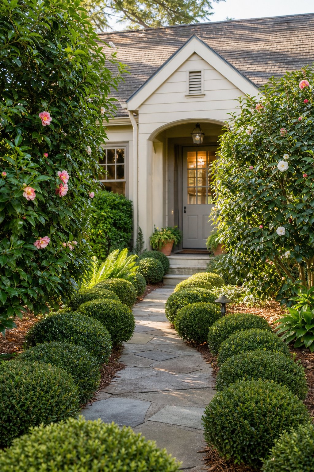 A cottage entry path bordered by flowering camellias and neatly trimmed boxwood shrubs.