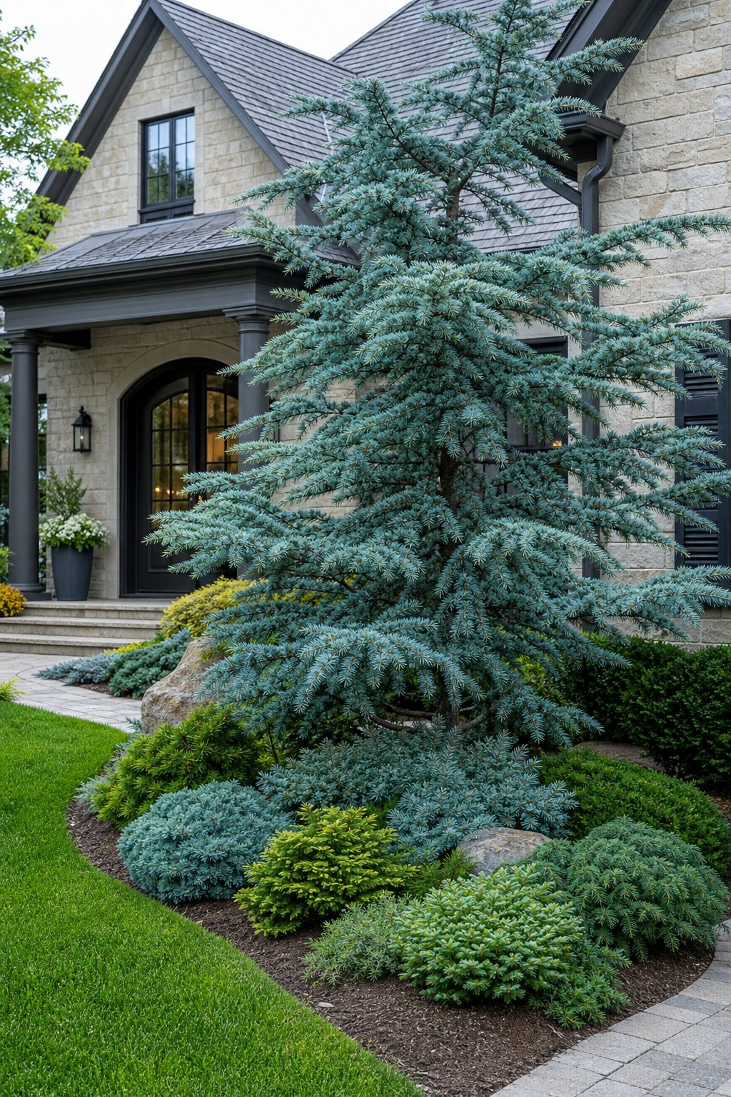 A front yard featuring a blue Atlas cedar tree surrounded by low evergreen plants and a neatly maintained lawn.