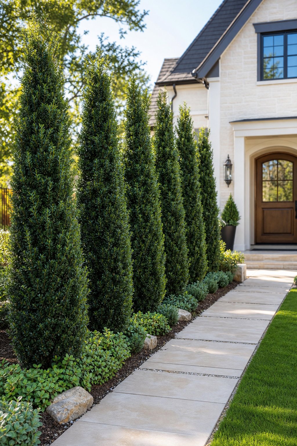 A row of tall evergreen holly shrubs lines a narrow walkway leading to a home's front entrance.