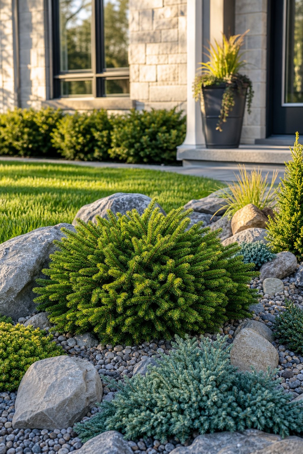 A Bird’s Nest Spruce surrounded by rocks and evergreen plants in a neat front-yard garden bed.