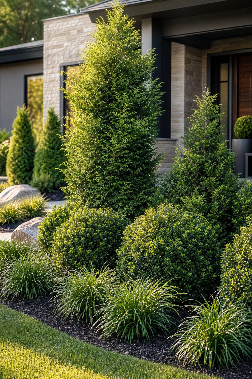 An evergreen front yard border with a Hinoki cypress, Hebe shrubs, and Carex grasses.