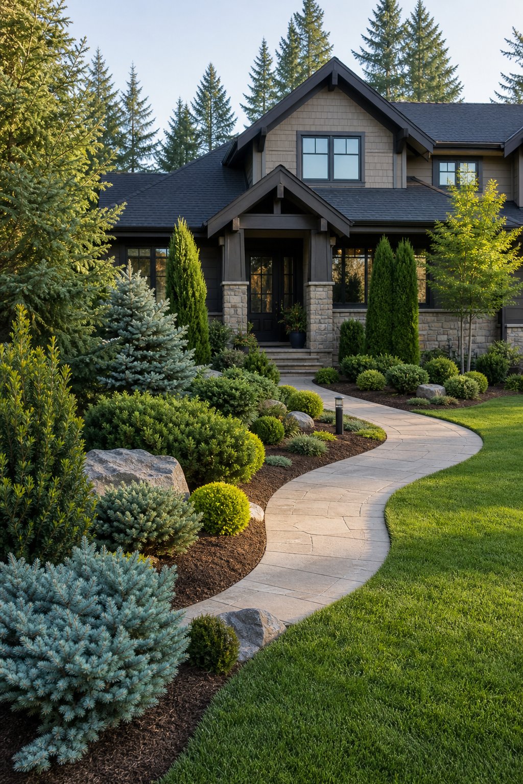 A landscaped front yard with layered evergreen shrubs and trees surrounding a walkway and home entrance.