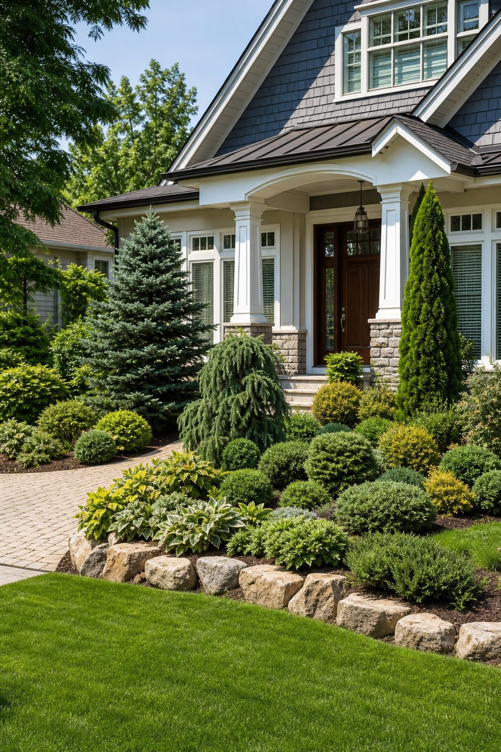 A well-maintained front yard with layered evergreen shrubs, sculpted conifers, a lawn, and a walkway leading to a home entrance.