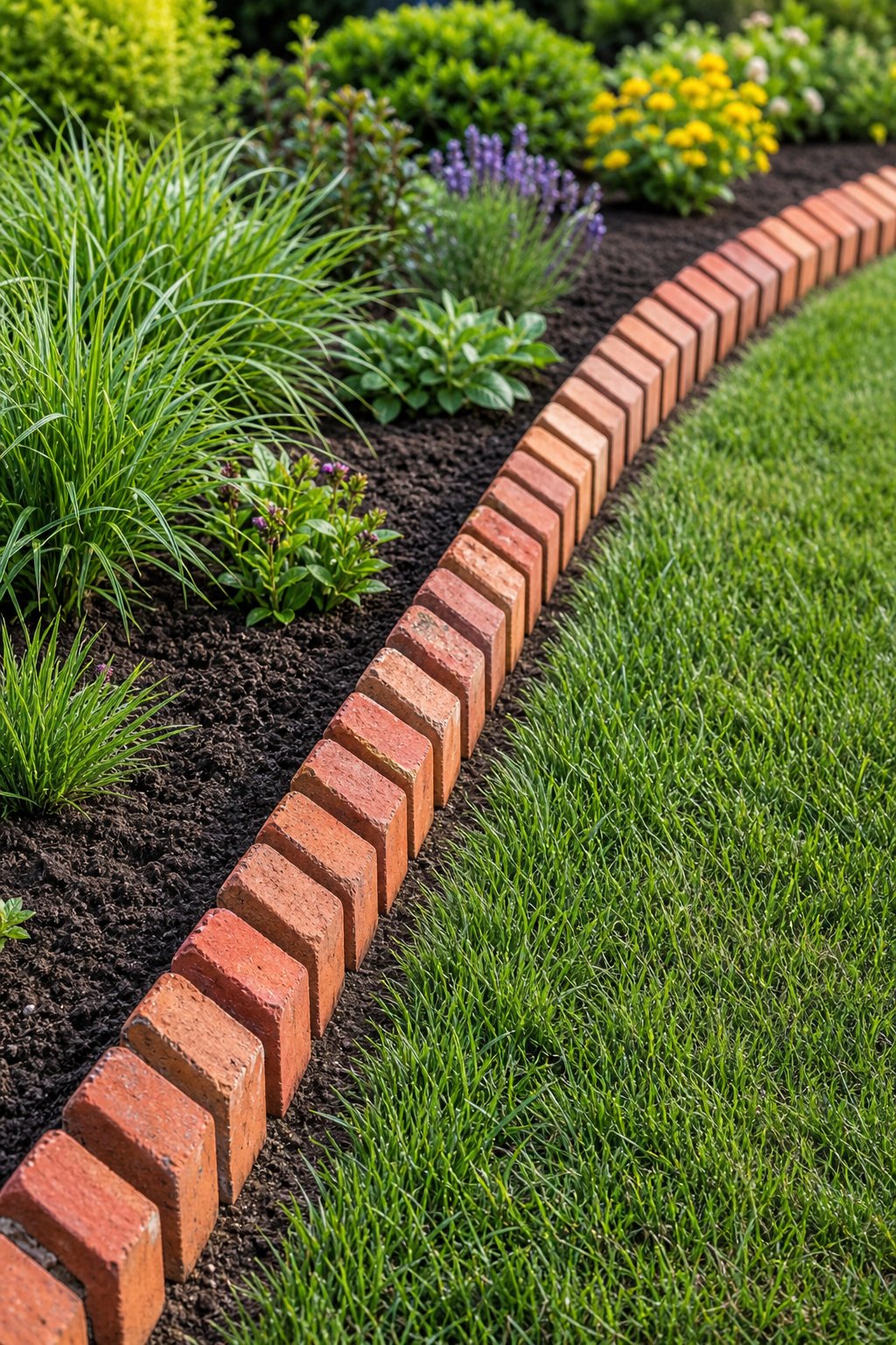 A landscaped garden bed edged with a diagonal row of upright red bricks beside a green lawn.