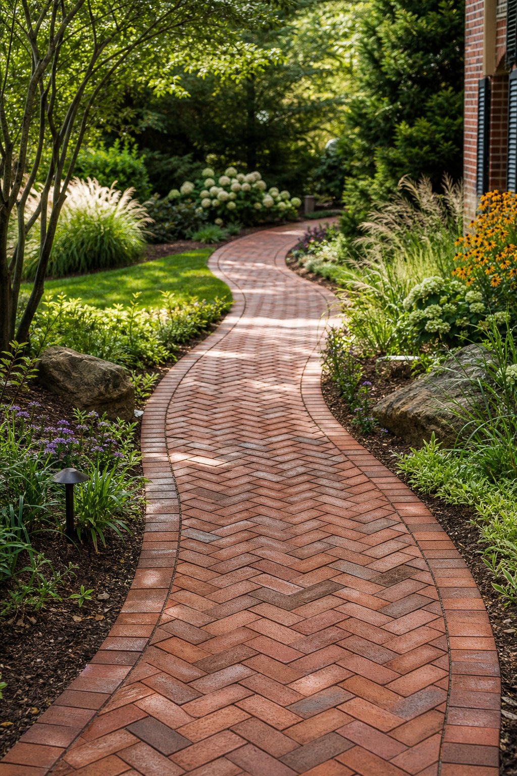 A curved herringbone brick path winds through a lush garden.