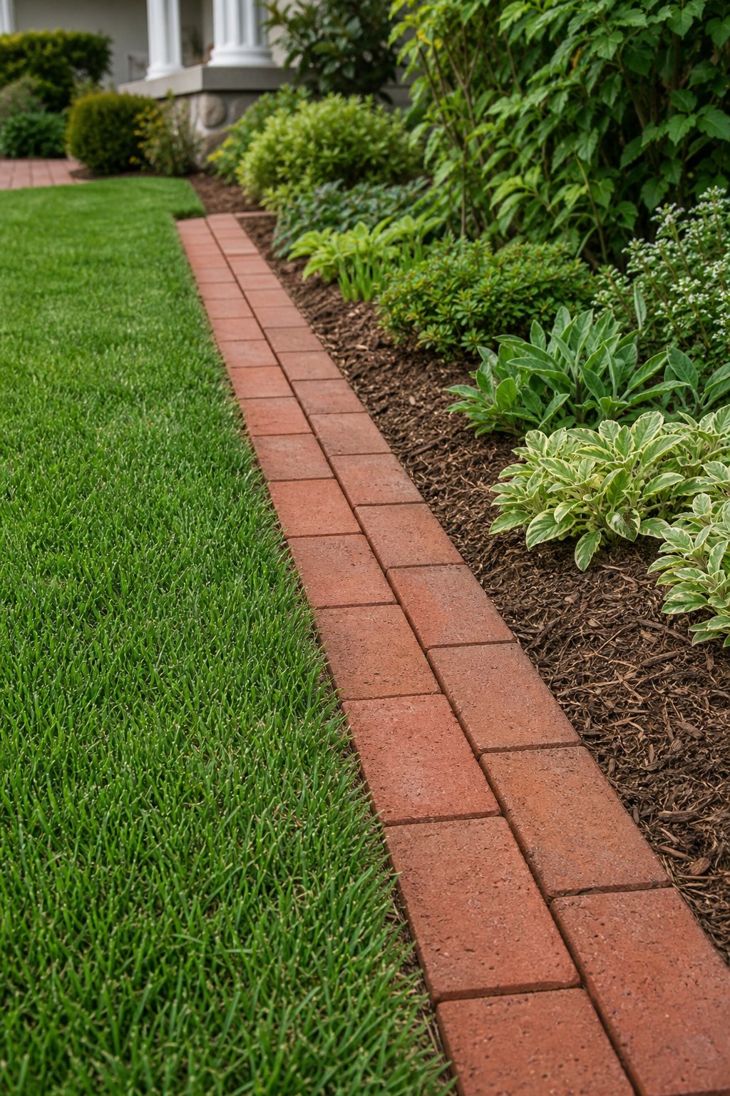 A double row of bricks sits level between a green lawn and a planted garden bed.